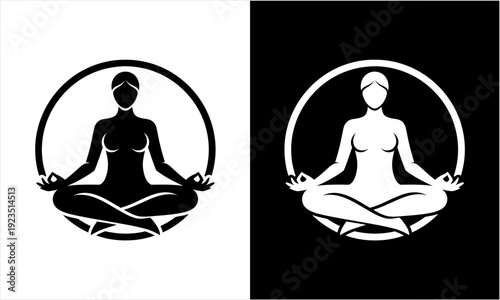 Woman Meditating in Lotus Pose, Yoga Silhouette Logo Design.