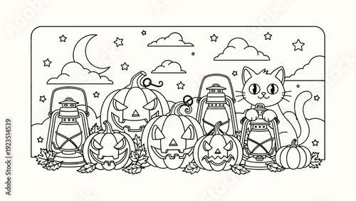 Halloween cat with pumpkins lanterns moon stars outline coloring page