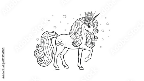 Graceful unicorn princess with crown and heart symbols coloring page for kids