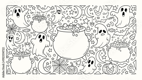 Halloween cauldron ghosts and pumpkins coloring page