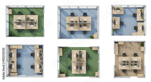 Top-down view of various office layouts showcasing different desk arrangements and workspace designs.