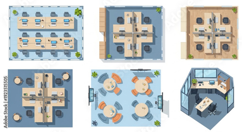 Top-down view of various office layouts showcasing different workspace designs and arrangements.