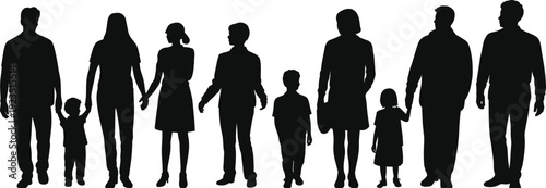 Family silhouettes collection, parents and children standing together isolated on white background vector illustration design