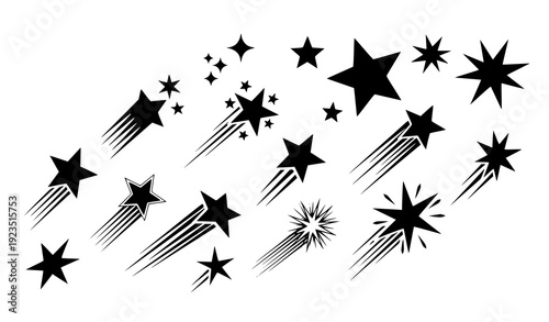 Decorative falling and sparkle star icon collection in black isolated on transparent background