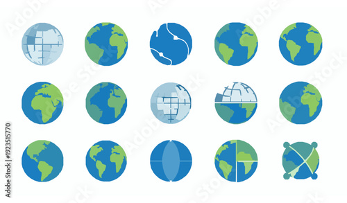 Global globe and world map icon collection in flat design isolated on transparent background