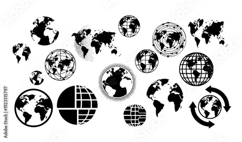 Modern globe and planet Earth icon collection for global business isolated on transparent background