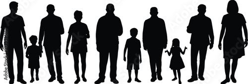 Family silhouettes set with parents and children standing together isolated on white background vector illustration design