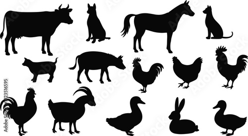 Farm animal silhouette collection with cow, horse, dog, pig, chicken, goat, duck and rabbit vector set