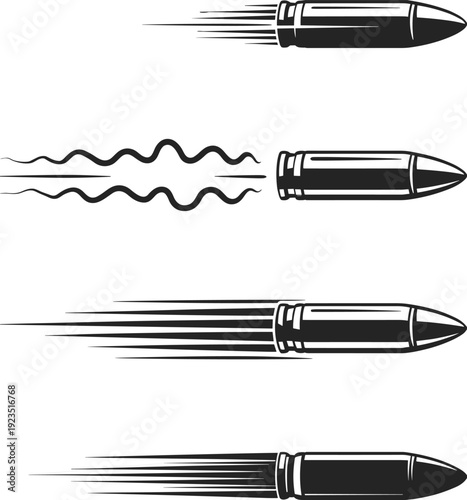 Flying bullet silhouettes with motion trails, fast ammunition projectile vector illustration isolated on white background design