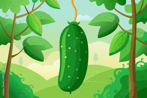 A cartoon cucumber hanging from a tree branch in a serene natural landscape with green hills