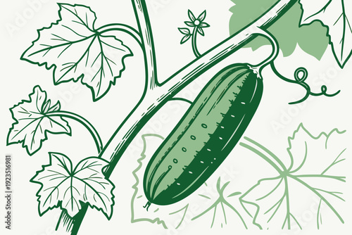 A green cucumber plant with leaves and a vine in a flat, minimalist illustration style