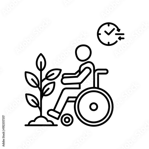 Black and white line art illustration of a disabled individual in a wheelchair gardening, symbolizing time management, inclusion, and accessibility in daily activities.