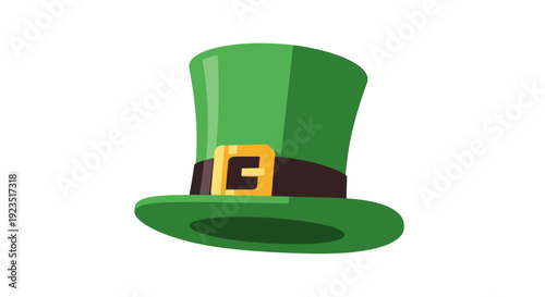 A playful flat design vector illustration of a leprechaun's iconic green top hat with a golden buckle, rendered with clean geometric shapes.