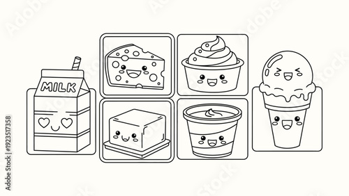 Kawaii dairy products coloring page with milk cheese butter yogurt and ice cream characters