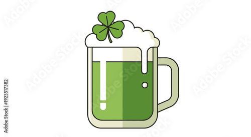 A crisp flat design vector illustration of a festive mug of green beer adorned with a shamrock, symbolizing St. Patrick's Day toasts and celebrations.