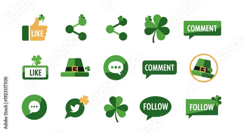 An elegant flat design vector illustration of a minimalist St. Patrick's Day wreath, crafted from shamrocks and green foliage, ideal for festive decoration concepts.