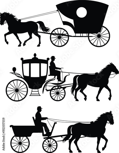 Horse drawn carriage silhouette set, vintage transportation vehicles with driver, black vector illustration isolated on white