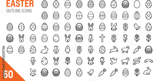Easter icon set with 60 black and white illustrations