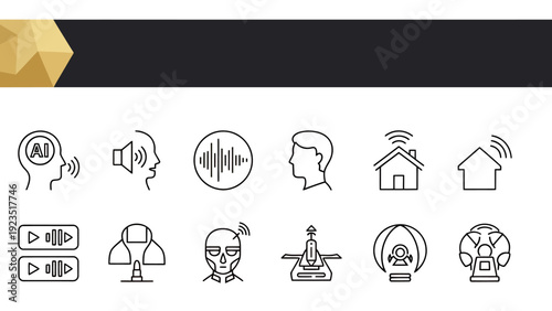 Set of thin-line vector icons depicting people, communication, home, brain, and everyday concepts in a minimalist style.