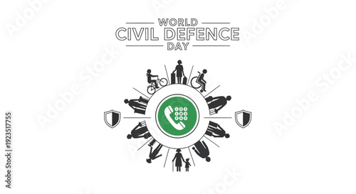 Illustration of World Civil Defence Day 2026 with vector icon and people engaged in emergency response and public safety activities on a white background.