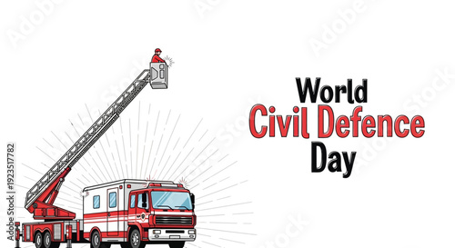 Illustration of a fire truck with a raised ladder for World Civil Defence Day, symbolizing emergency response and public safety on a white background with bold typography.