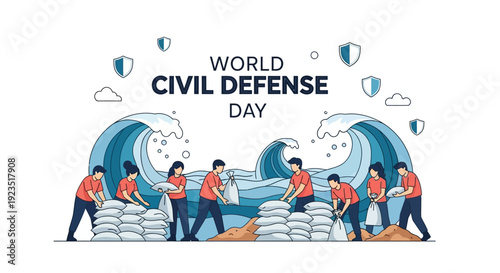 Illustration of people working together for World Civil Defence Day with a theme of disaster preparedness and emergency response