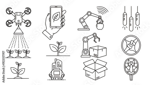 Collection of futuristic technology and nature icons showing robotics, devices, and growth.