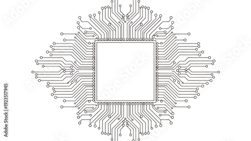 Intricate circuit starburst design featuring a central square chip with intricate radial connections.