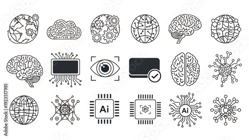 Diverse Brain Illustrations and AI Icons Highlighting Neuroscience and Technology Fusion.