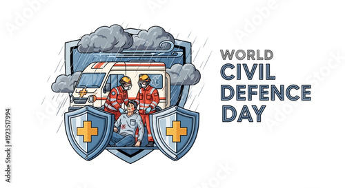 Illustration of World Civil Defence Day with emergency responders and protective shields in a bold graphic design, conveying public safety and disaster preparedness.
