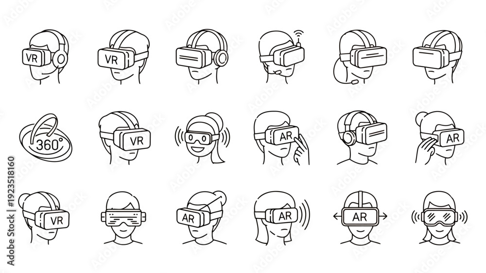 Fototapeta premium Sequence of astronaut helmet icons with varied expressions in line art illustration.