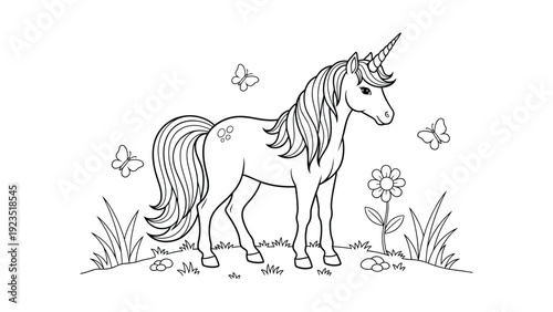 Magical unicorn standing in a meadow with butterflies and flowers