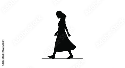 Silhouette of a woman walking alone in a minimalist white background with a long dress and flowing skirt