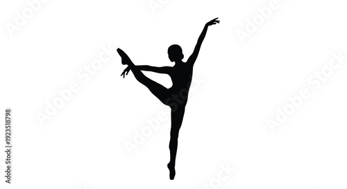 Silhouette of a dancer in a graceful arabesque pose isolated on white background representing elegance and balance in dance