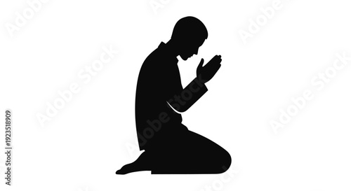 Man kneeling in prayer hands clasped together in devotion silhouette against a plain white background symbolizing faith and spirituality