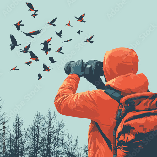 Wildlife Photographer Capturing Birds In Flight During A Nature Adventure Outdoors , vector style simple color