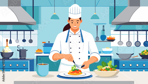 Chef Prepares Food in Professional Kitchen