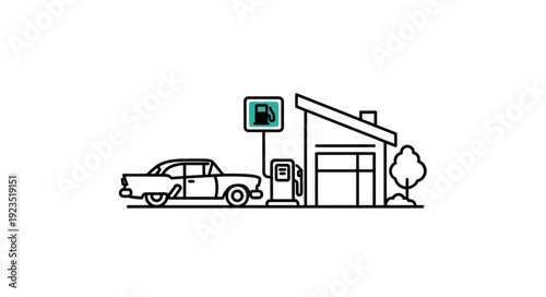 Simple Gas Station with Classic Car.