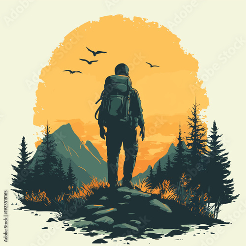Lone Adventurer Embarking On A Winding Journey Through Nature , vector style simple color