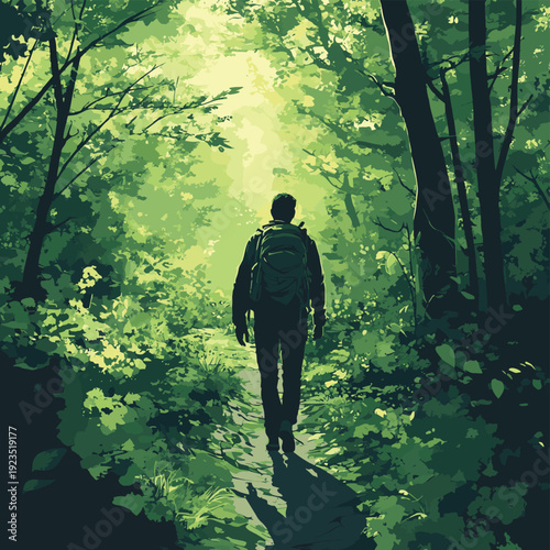Lone Adventurer Embarking On A Winding Journey Through Nature , vector style simple color