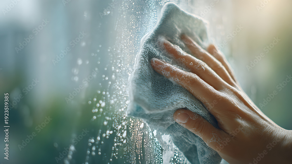 Fototapeta premium Hand Cleaning Window With Cloth and Soap Foam Streak