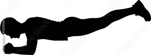 Black silhouette plank exercise illustration, fitness workout artwork, core strength training design, bodyweight exercise drawing, athletic person pose, health lifestyle art