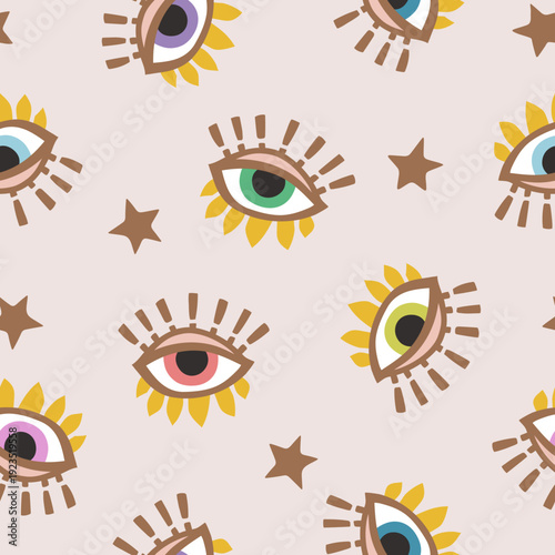 Seamless Evil Eye Pattern with Sun Ray Motifs and Star Elements in Decorative Flat Illustration Design