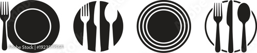 Various minimalist black and white icons representing restaurant and dining cutlery.