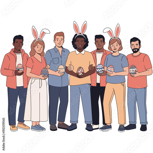 Diverse group of seven friends celebrating Easter, some wearing bunny ears and holding decorated eggs, on a white background.