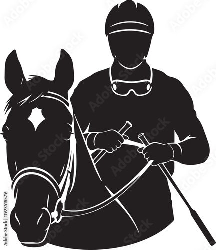 Jockey with horse silhouette vector illustration, horse racing and equestrian sport