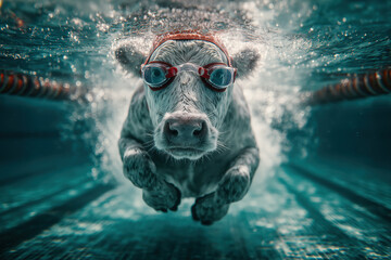 Hyperrealistic swimming cow underwater with goggles in pool surreal animal photography