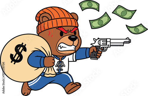 Angry cartoon bear in tracksuit and beanie holding money sack and revolver, running robbery scene with flying dollar bills illustration