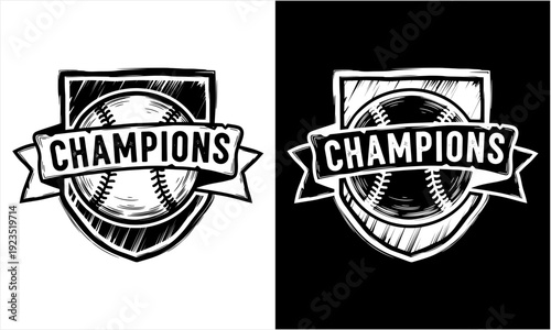 Baseball Champions Emblem Design with Shield and Ribbon.