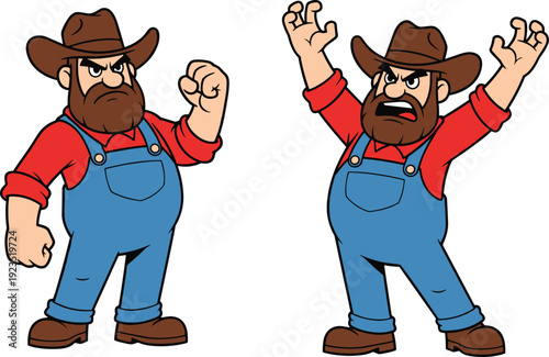 Angry cartoon cowboy character with beard, brown hat, red shirt, blue overalls, clenched fists, shouting pose, expressive western design